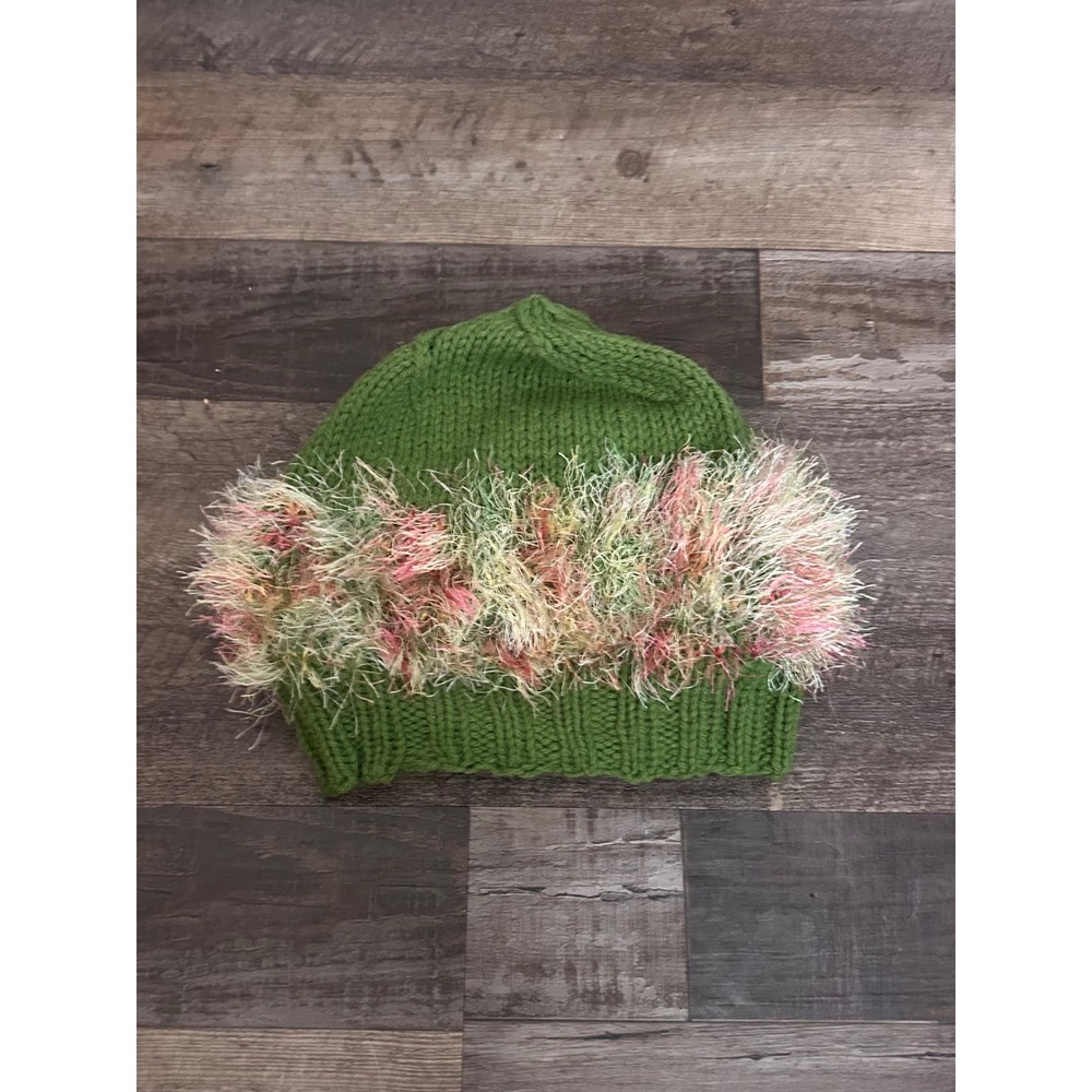 Handmade Green Knit Beanie Pink Eyelash Yarn Trim Fuzzy Winter Hat Cottagecore